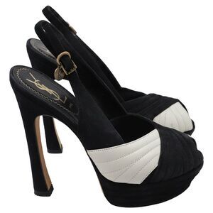 Saint Laurent Cross Strap Peep-Toe Platform Pumps in Black Suede